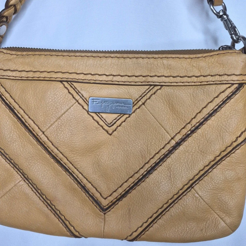 VTG Fossil Fifty Four Yellow Leather Braided Strap Clutch Bag Chevron